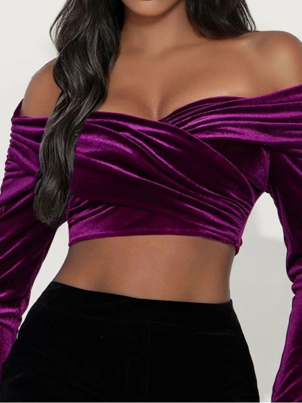 Off-Shoulder Velvet Crop Top plum color